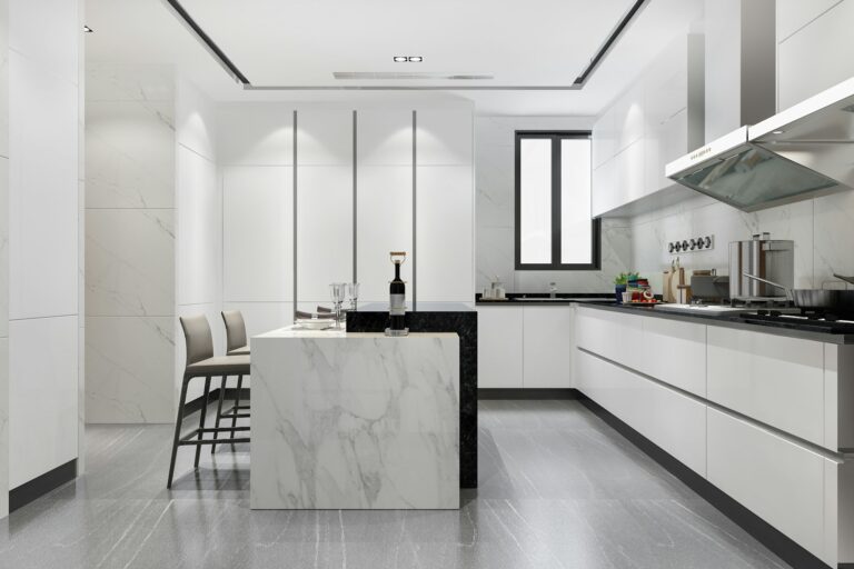 white minimal kitchen with wood decoration and granite floor tile